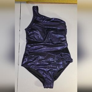 Rotita Elegant One-Shoulder Purple Metallic Swimsuit W/mesh Cutouts Small